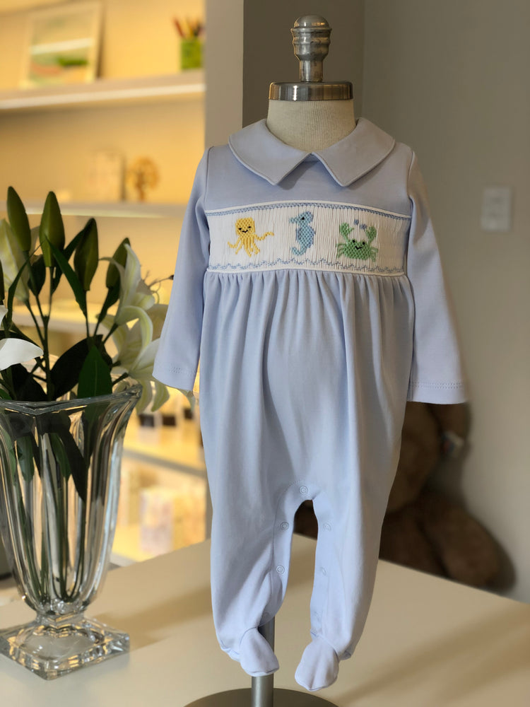 Macacão Smock Animais Marinhos Nino - Celeste  100% Pima Peruano