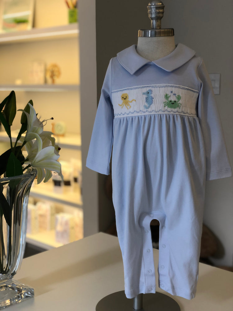 Macacão Smock s/ Pés Animais Marinhos Nino - Celeste 100% Pima Peruano