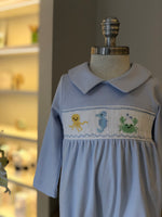 Macacão Smock s/ Pés Animais Marinhos Nino - Celeste 100% Pima Peruano
