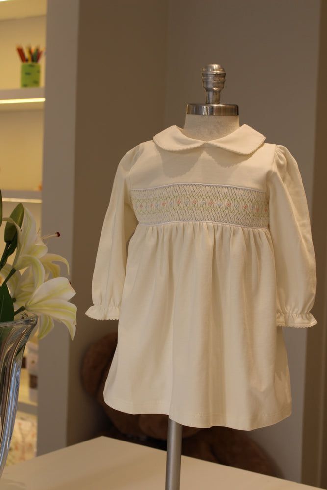Vestido Smock ML Off-White Flor Azul e Rosa  - Jouer 100% Pima Peruano