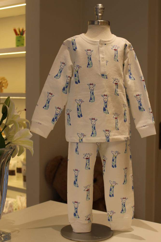 Pijama Flanelado Blusa e Calca ML - Girafa Azul 100% Pima Peruano