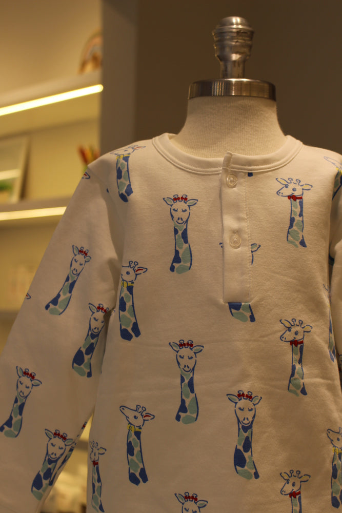 Pijama Flanelado Blusa e Calca ML - Girafa Azul 100% Pima Peruano