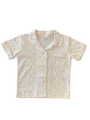 Pijama Botoes Blusa e Shorts MC - Laco e Florzinha 100% Pima Peruano